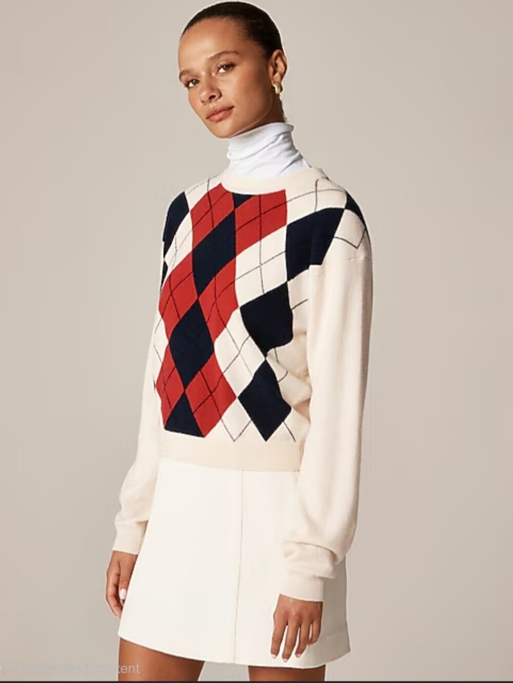 J. Crew Argyle Cowl Pullover - Cream, Red & Navy